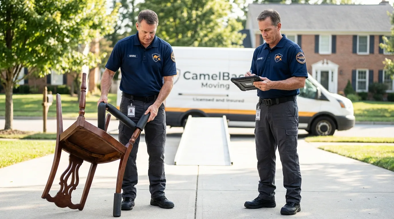 Movers inspecting furniture for damage prevention before loading in Abbotsford, WI