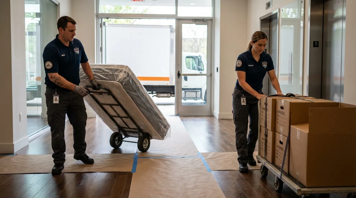 Professional apartment movers loading elevator in Abbotsford, WI