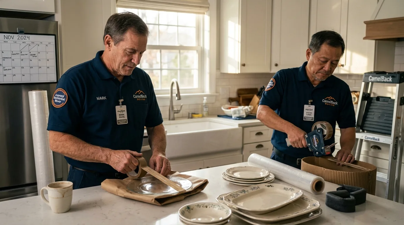 Professional crew packing kitchen dishware in Abbotsford, WI